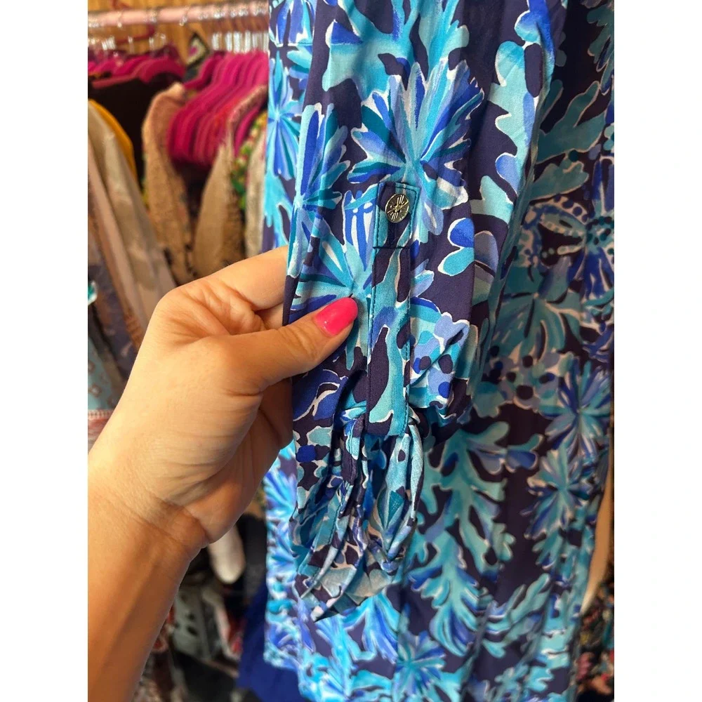 Lilly Pulitzer Blue‎ Floral Coral Print Rayon Button Down Shirt Dress XS Beach